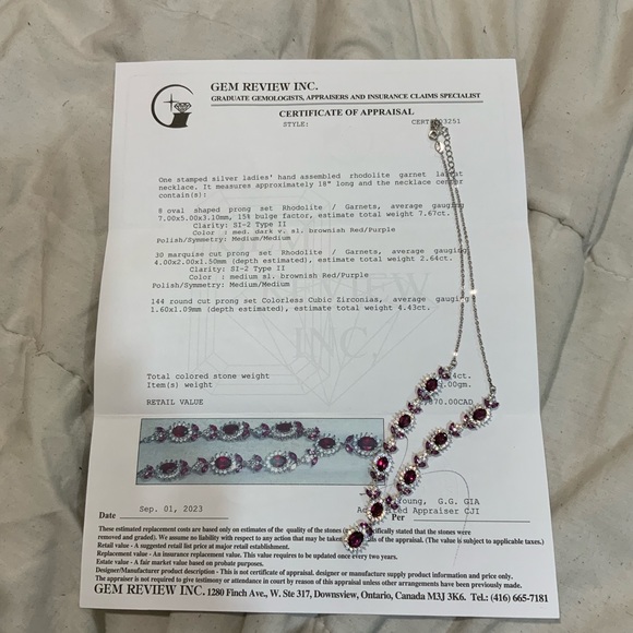 Custome 14ct violet red garnet necklace (w) certificate and apraisal documents. - Picture 5 of 9